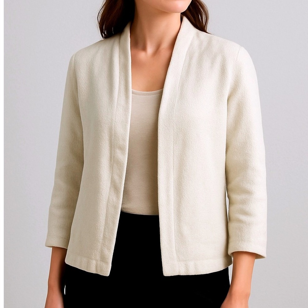 Eileen Fisher Petite Linen Blend Jacket PM Cream Open Front Textured Lightweight